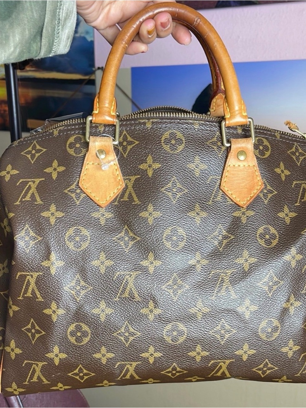 Louis Vuitton Brown Monogram Canvas Tote with Tan Leather Handles